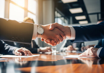 Close-up of a firm handshake between two business partners sealing a successful deal in a corporate meeting