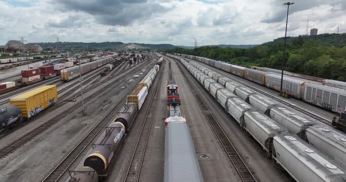 Cincinnati, United States - 22 August 2025: Aerial view of cargo trains in a vast train yard, showcasing the scale of transportation and logistics.