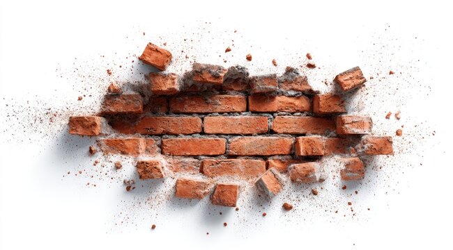 Brick wall shattered, debris scattered