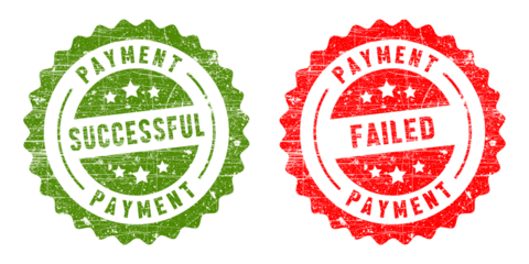 Two payment stamps, one successful green and one failed red, isolated on transparent background