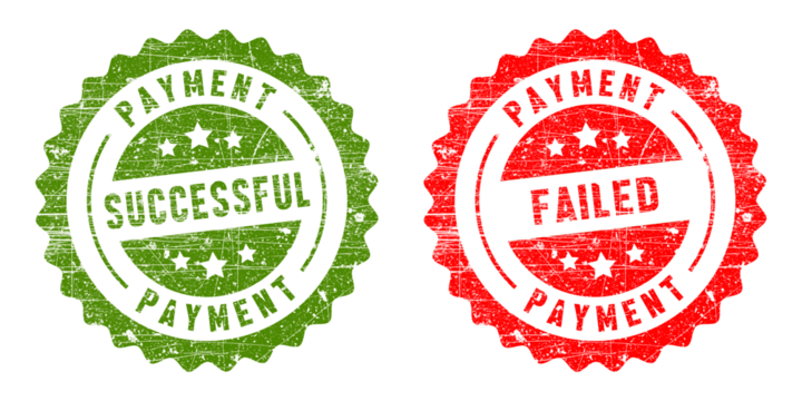 Two payment stamps, one successful green and one failed red, isolated on transparent background