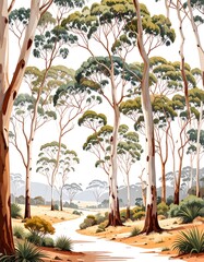 A serene, picturesque landscape showcases a meandering creek flowing through a grove of eucalyptus trees, bathed in a soft, natural light.