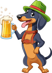 A jolly cartoon dachshund dog character wearing a traditional Bavarian hat (Tyrolean hat) and lederhosen, happily raising a large beer mug (stein), full body, vector illustration, isolated on a white 