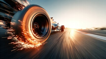 A Formula 1 race car speeds down the track, creating sparks and a blur of motion.
