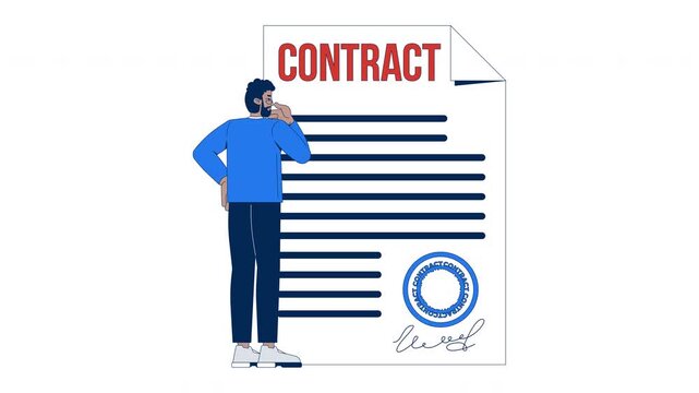Contract legal document 2D animation. Black business man corporate lawyer reviewing documentation with seal and signature animated character cartoon flat concept metaphor 4K video isolated on white