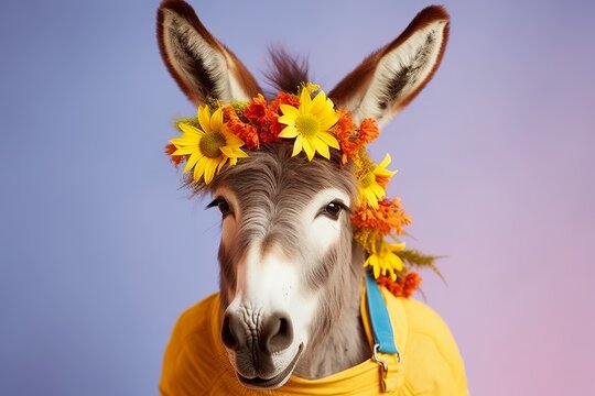 Creative animal Spring concept, domestic animal dressed in spring costume and fresh field flowers. Portrait of a donkey on a pastel background 