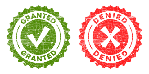 Two rubber stamps, one green with a checkmark and the word granted, the other red with an x and the word denied, isolated on transparent background