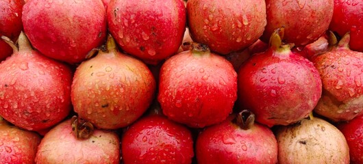 Close up shot of pile of fresh Raindrops on a pomegranate.