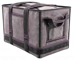 A sturdy grey fabric storage bag with black handles and pink trim