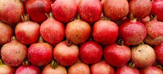 Close up shot of pile of fresh Raindrops on a pomegranate.