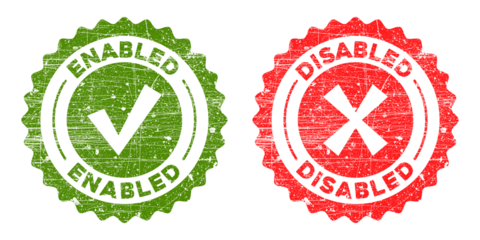 Two grunge rubber stamps, one green enabled with checkmark and one red disabled with cross, isolated on transparent background