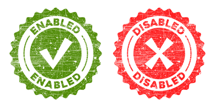 Two grunge rubber stamps, one green enabled with checkmark and one red disabled with cross, isolated on transparent background