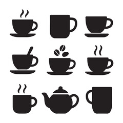 Obraz premium Coffee and Tea Icons Set. Cups, Mug, and Teapot Symbols Vector