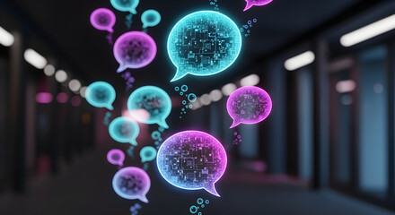 Dynamic digital speech bubbles floating in a modern hallway, conveying online conversation and communication