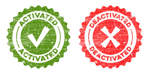 Obraz premium Two grunge rubber stamps, one green activated with checkmark, one red deactivated with x, isolated on transparent background