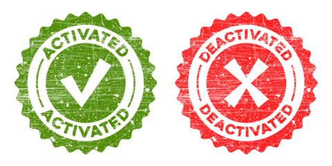 Two grunge rubber stamps, one green activated with checkmark, one red deactivated with x, isolated on transparent background
