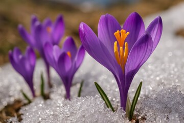 Macro Close-Up of Crocus Flowers Emerging from Snow