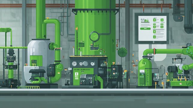 inside the industrial - style plastic waste pyrolysis plant, pipes conveying raw materials, energy conversion flowcharts above, background is robotic arm operation scene 