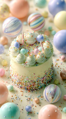 A cake with white frosting and colorful sprinkles on top. The cake is surrounded by a variety of colorful balls, some of which are larger and some smaller. Scene is playful and festive, as the cake