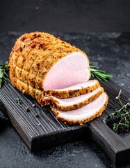 Sliced roasted pork loin, seasoned and presented on a dark wooden cutting board, against a dark backdrop.