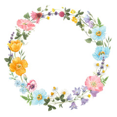 Watercolor Floral Wreath with Wildflowers, Round Frame for Invitations, Wedding Cards, and Decorative Design