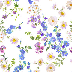 Seamless Wildflower Pattern for Fabric, Wallpaper, and Surface Design , Gouache Painting Style with Daisies and Blue Cornflowers