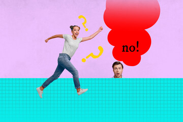 Banner 3d art pop image collage of happy businesswoman businessman answer question no ponder idea brainstorm strategy plan