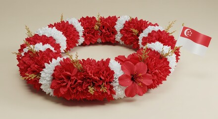 Vibrant floral wreath in Singaporean colors, perfect for festive celebrations and national pride displays, adding a touch of elegance and cultural significance