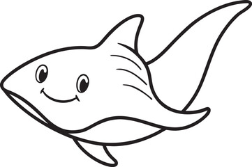 Fototapeta premium Cheerful Cartoon Shark Illustration with Smiling Face and Streamlined Body in Bold Black and White Outline Style