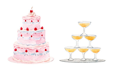 Watercolor Pink Layer Cake and Champagne Glass Tower , Sweet Party Dessert and Drink Illustration for Invitations and Event Decor