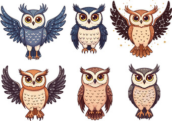 Cute cartoon owls with big eyes, colorful bird illustrations, fantasy owl characters with wings, night wildlife animals, magical owl designs, detailed feather patterns, nature art, whimsical owls, cut