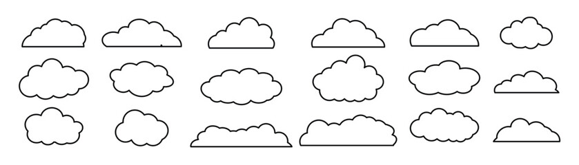 Varied Cloud Shapes Vector Collection – White and Black Cloud Icons for Weather Themes. Set of silhouette flat style clouds. 