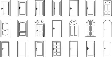 Fine line doors vector collection, minimalist outline illustrations, modern door designs isolated on white background, stock design.