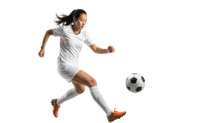 Naklejka premium A female soccer player in motion, skillfully kicking a soccer ball while wearing a white uniform and orange cleats.