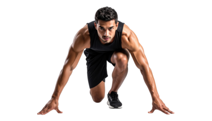 A determined athlete in a sprinting pose, showcasing strength and focus as he prepares to race.