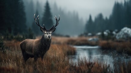 Naklejka premium Majestic Stag in Misty Highland Scene, Reflecting Serenity of Untouched Wild