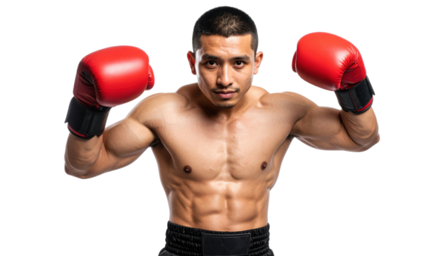 A muscular boxer stands confidently with red gloves, ready to engage in a match, showcasing strength and determination.