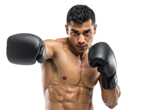 A focused boxer in action, demonstrating strength and skill with black gloves, showcasing a determined expression.