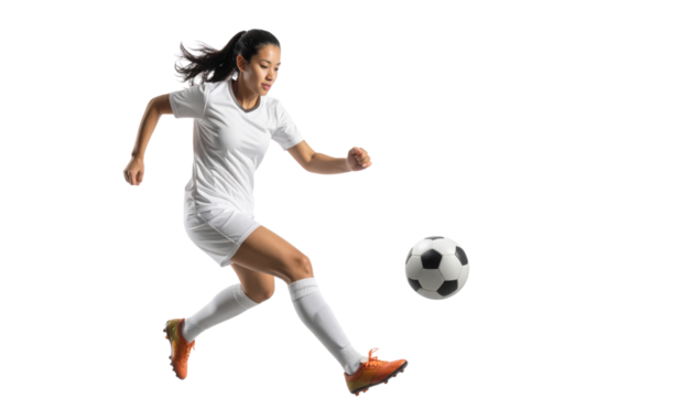 A female soccer player in motion, skillfully kicking a soccer ball while wearing a white uniform and orange cleats.