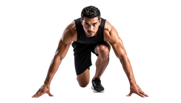 A determined athlete in a sprinting pose, showcasing strength and focus as he prepares to race.