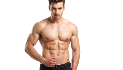 A muscular man poses confidently, showcasing a fit physique with defined abs and a toned upper body.