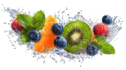 Vibrant Fruit Splash: Kiwi, Blueberries and Raspberries in Water