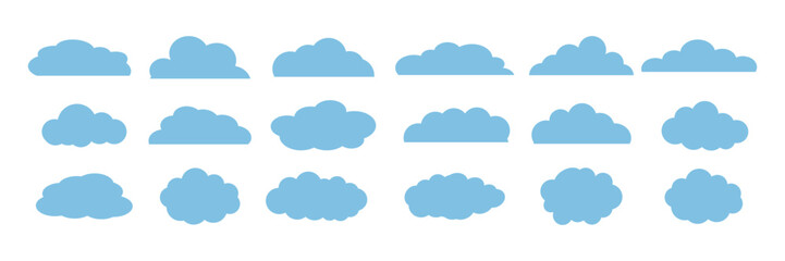 Collection of Flat Blue and White Cloud Icons – Varied Cartoon Line Vector Set for Weather, Sky and UI Design.