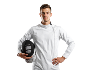 A confident fencer in a white uniform holds a fencing mask, showcasing athleticism and readiness for competition.