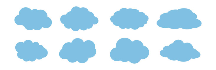Set of white cloud icons on a white background. Cloud shapes vary in size and form. Simple cloud design for weather or sky themes. Cloud icons in a grid layout. Weather illustration, vector set.