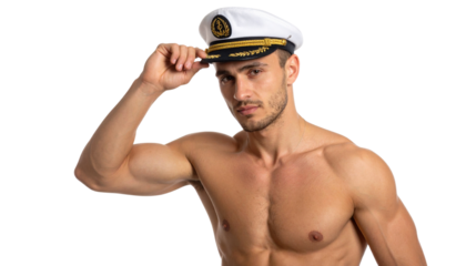 A muscular man wearing a captain's hat poses confidently, showcasing his physique and charm.
