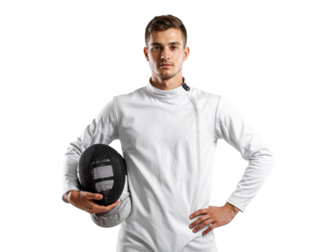 A confident fencer in a white uniform holds a fencing mask, showcasing athleticism and readiness for competition.
