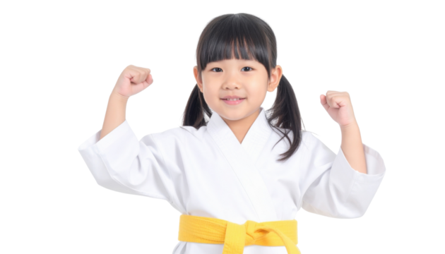 A young girl in a karate uniform displays a confident pose, showcasing her strength and determination with her fists raised.