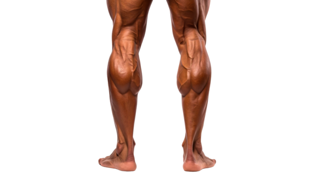A close-up view of muscular legs, showcasing defined muscle structure and anatomy.