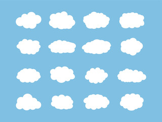 Collection of Flat White Cloud Icons on Blue Background – Simple Weather Vector Set.